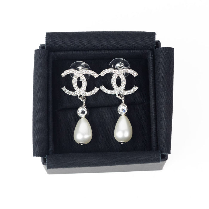 Chanel Silver Crystal Pearl Teardrop Earrings