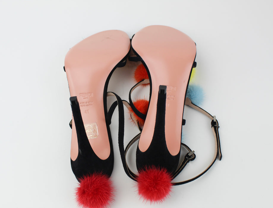 Fendi Suede Ankle-Wrap Sandal w/Mink Fur Pompoms