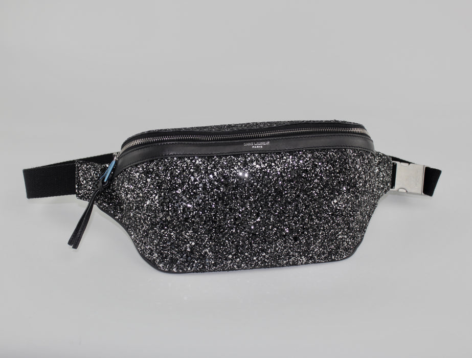 SAINT LAURENT METALLIC BLACK GLITTER BELT BAG