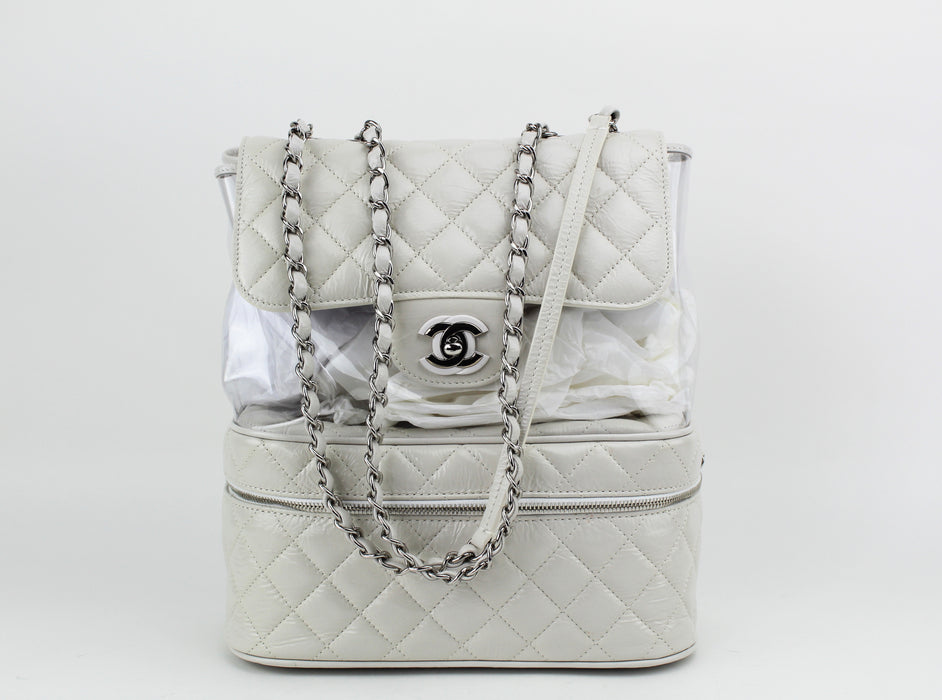 Chanel White Crumpled Leather & Transparent PVC Vanity Flap Backpack Bag