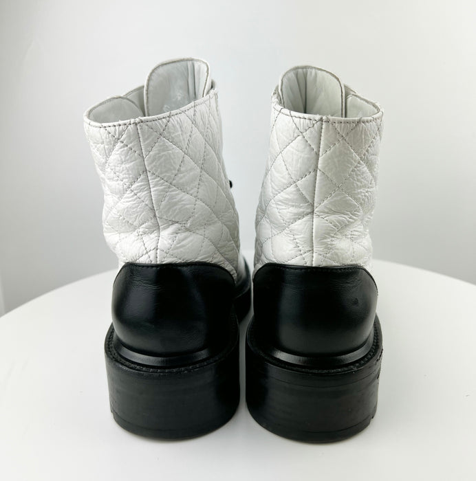 Chanel Women Lace Up Boots White and Black