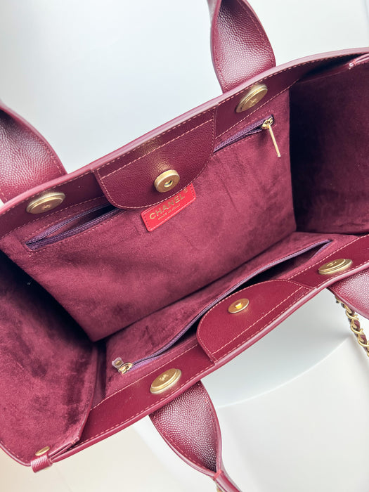 Chanel Studded Burgundy Caviar Leather Deauville Tote