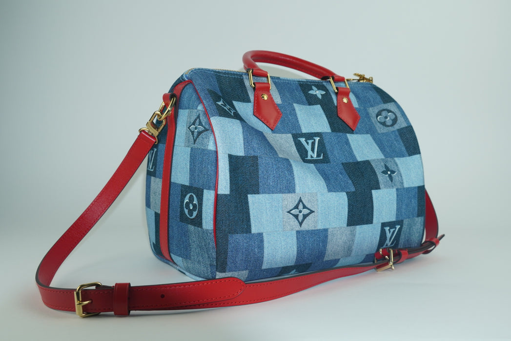 Louis Vuitton Limited Edition Denim Damier Monogram Patchwork Speedy Bandouliere 30 Blue Rouge
