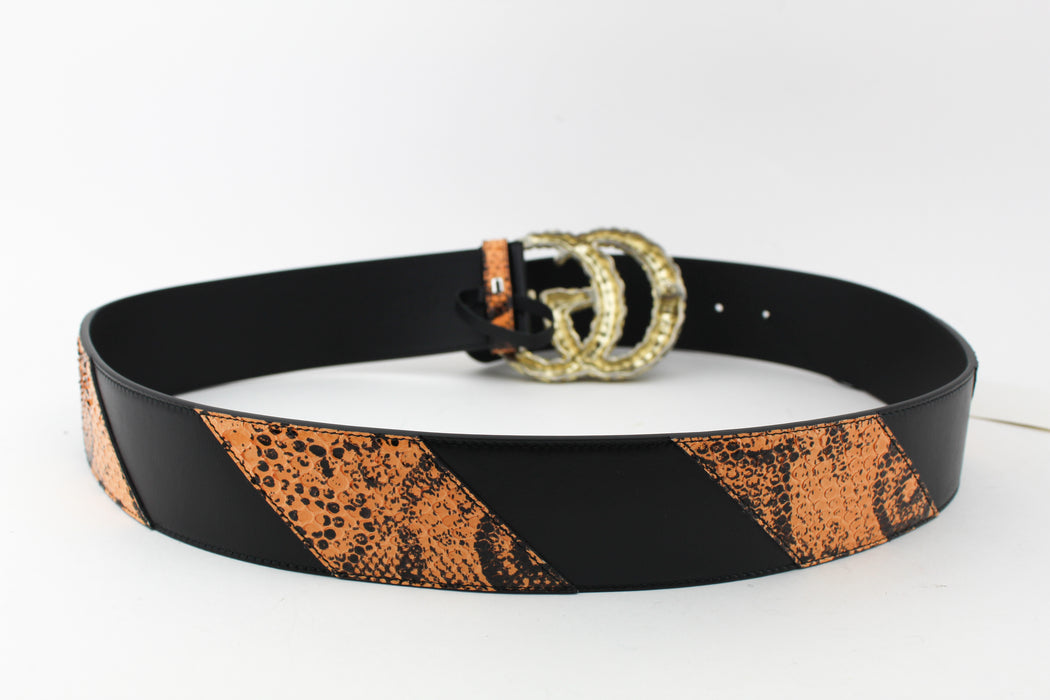 GUCCI TEXTURED BUCKLE GENUINE PYTHON & LEATHER BELT