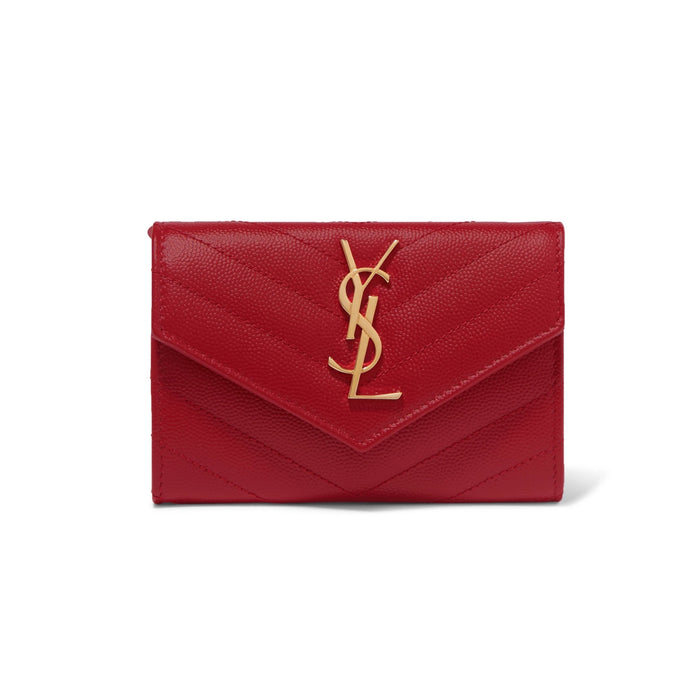 SAINT LAURENT MONOGRAM QUILTED TEXTURED LEATHER WALLET RED