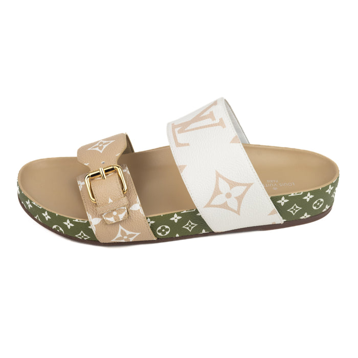 Louis Vuitton Bom Dia Flat Mule in Green Tan and White