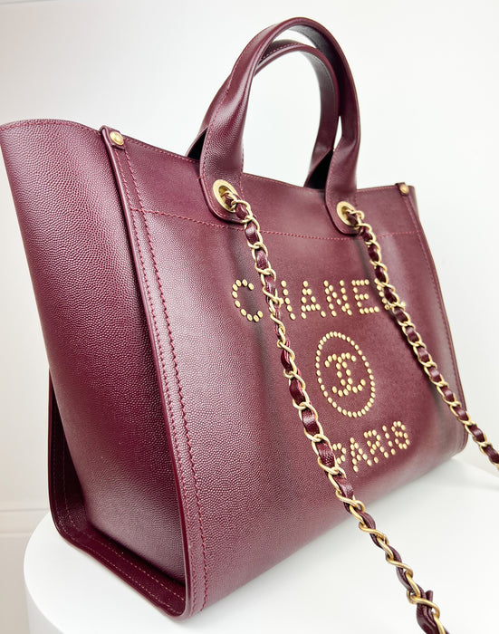 Chanel Studded Burgundy Caviar Leather Deauville Tote