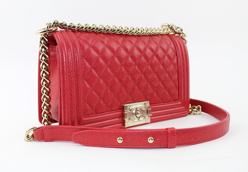 CHANEL MEDIUM CAVIAR BOY BAG IN RED - LuxurySnob