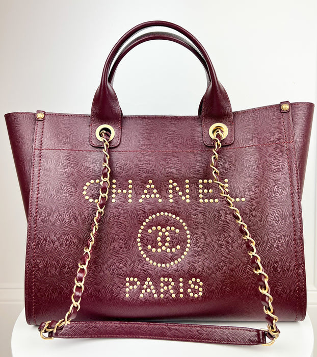 Chanel Studded Burgundy Caviar Leather Deauville Tote