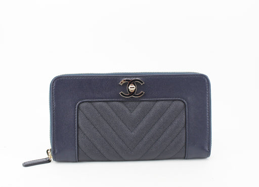 Chanel Navy Chevron Zip Around wallet