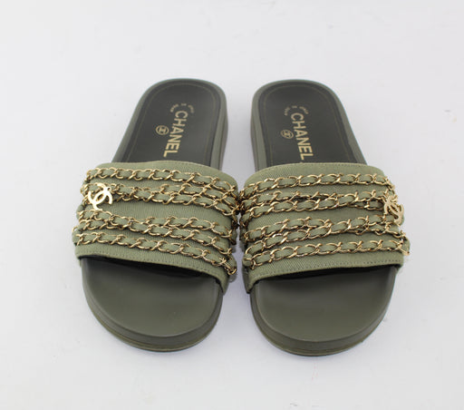 CHANEL CANVAS CHAIN FLAT SANDALS SIZE 38 - LuxurySnob