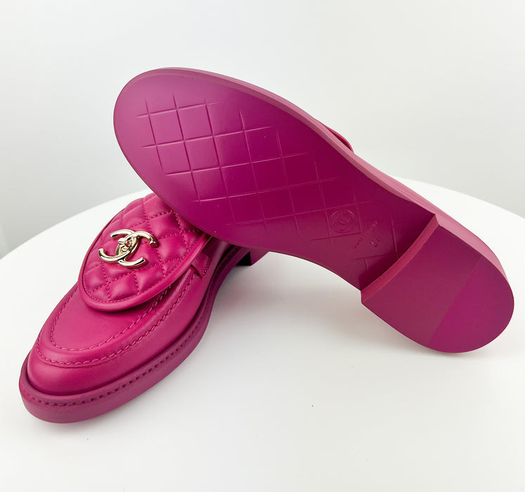 Chanel Rev Leather Quilted Tab Turn Lock CC Loafers Moccasin Flat Shoes Fuschia