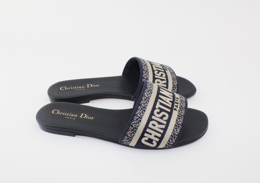 Dior Dway Navy Blue Embroidered Slides