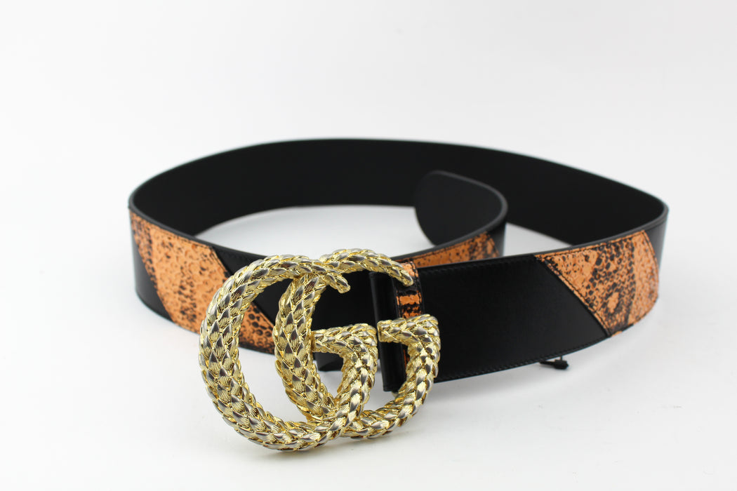 GUCCI TEXTURED BUCKLE GENUINE PYTHON & LEATHER BELT