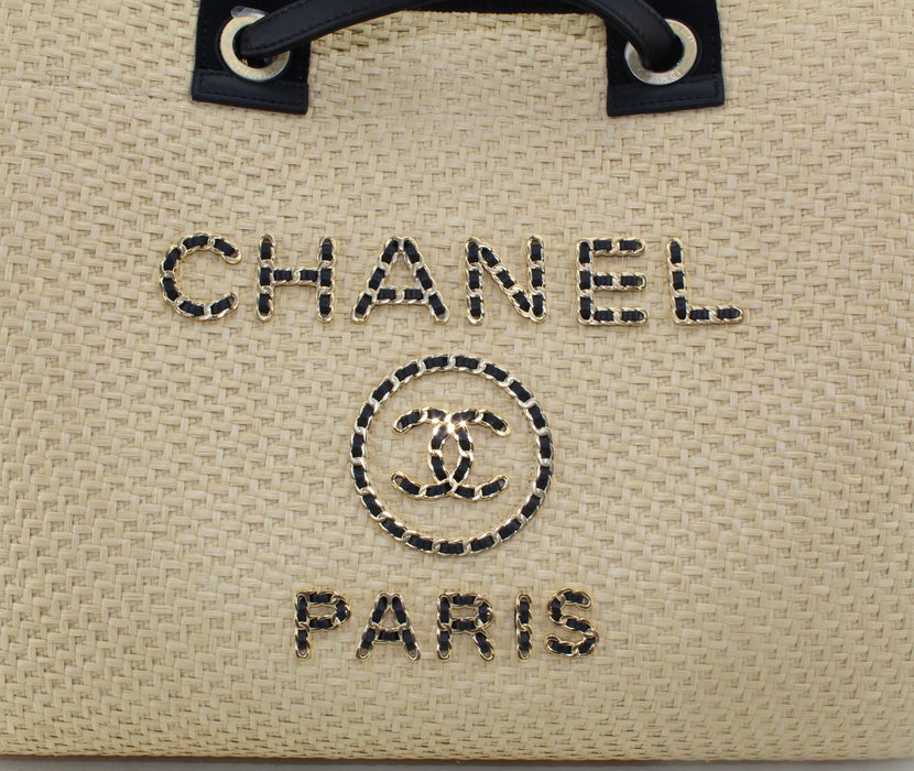 Chanel Straw Calfskin Deauville Tote