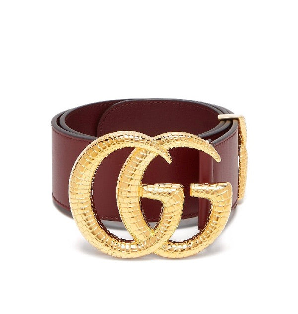 GUCCI GG SNAKESKIN EFFECT LOGO WIDE  LEATHER BELT IN BURGUNDY