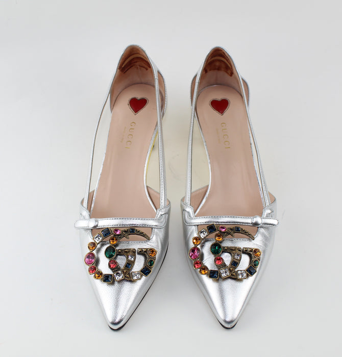 GUCCI METALLIC LEATHER PUMP WITH CRYSTAL DOUBLE G - LuxurySnob