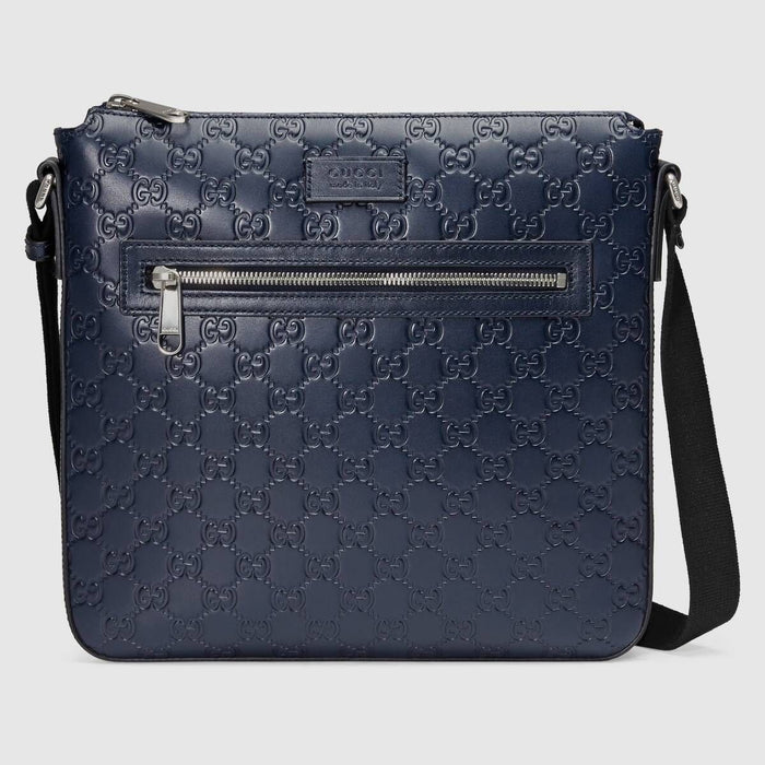 GUCCI SIGNATURE LEATHER MESSENGER NAVY